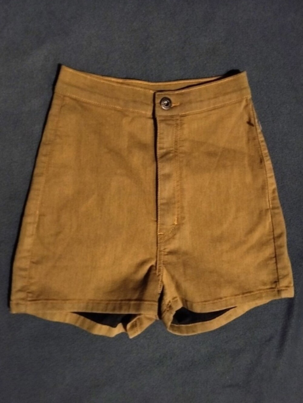 High-Rise Dark Wash Denim Shorts - Mustard Stitching